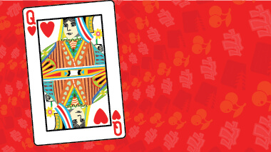 A card showing the queen of hearts on a red swirled background.