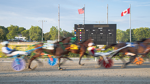 Harness racing blurred at casino racetrack.