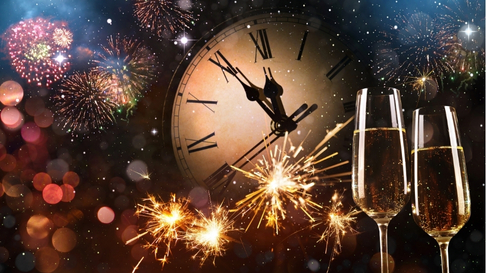 New Year's theme background with fireworks, clock, and two glasses of champagne.