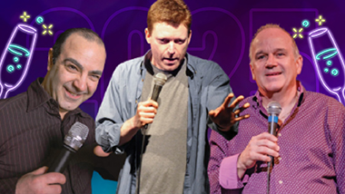 Three New England comedians on colorful New Years Eve background. Neon champagne glasses.
