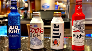 Bottled domestic beers on bar counter of Hops House 99 restaurant.