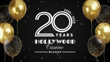 Hollywood Casino 20th anniversary logo on black background with gold confetti and gold sparkle balloons.